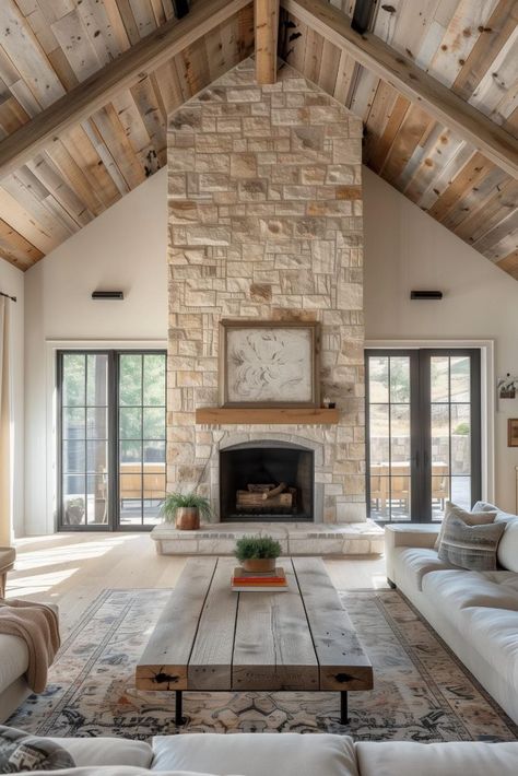 40 Farmhouse Fireplace Ideas for a Charming Home Hearth Farm Fireplace Ideas, Country House Fireplace Ideas, Fireplace Stone Ideas Farmhouse, Farmhouse Fireplaces And Mantels, Fireplaces Between Windows, Fireplace Ideas Country Style, Stone Fireplace With Shiplap On Sides, Exposed Rock Interior, Stone Fireplace No Hearth Ideas