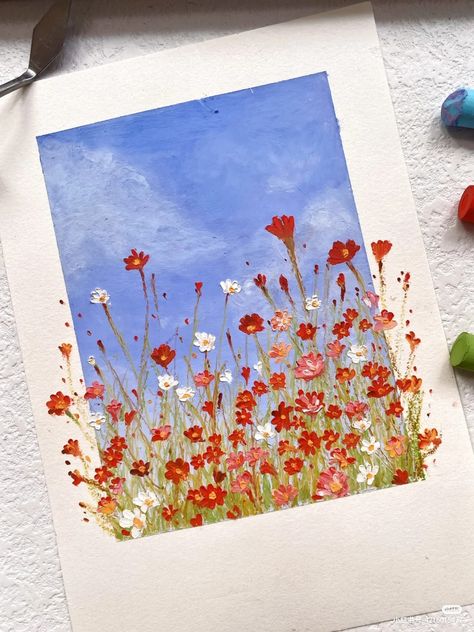 Gift Ideas For Boyfriend Painting, Mini Paintings On Paper, Guache Flower Painting, Gouche Painting Flowers, Acrylic Paint Cards Ideas, Easy Guache, Flowers Acrylic Painting Easy, Gouache Card, Flower Pastel Drawing