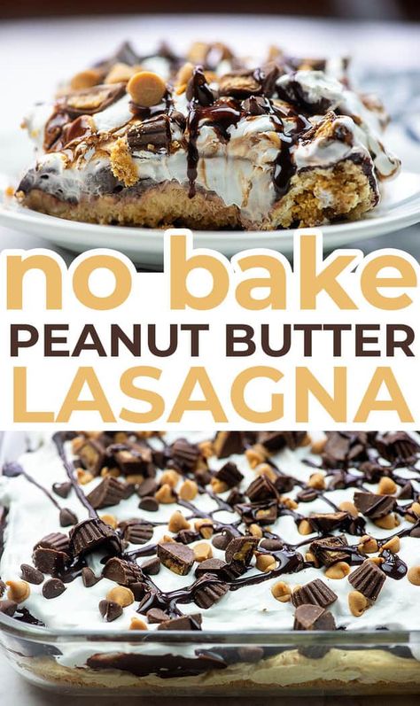 Layers of cookies, creamy peanut butter, and chocolate pudding! This no bake dessert is so fun and easy! #nobake #peanutbutter #dessert Quick Birthday Dessert Ideas, Peanutbutter Dessert Easy, Peanut Butter Lasagna, Dessert Lasagna, Lush Dessert, Peanut Butter Sheet Cake, Cold Dessert Recipes, Chocolate Lasagna, Birthday Dessert