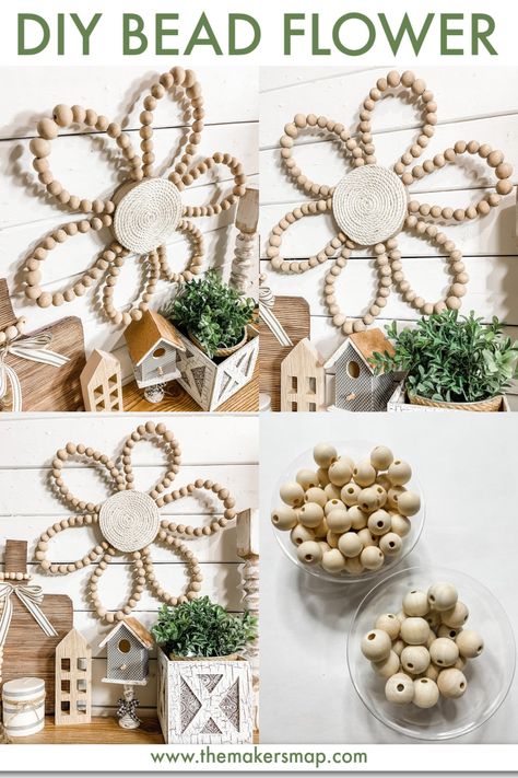 Wood Bead Flower - Neutral Home Decor Wood Bead Wreath Diy Spring, Wooden Beads Crafts Diy, Boho Flowers Diy, Crafts Using Wooden Rings, Crafts With Wood Beads, Diy Bead Projects Ideas, Diy Bead Flower, Kids Room Diy Decor, Wooden Beads Home Decor