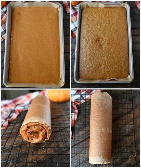 Four process photos. First one, cake batter poured into a jelly roll pan and ready to go in the oven. Second one, Cake reshly baked and out of the oven. Third one, cake rolled up in parchment paper waiting to cool. Fourth one, rolled up cake in parchment paper cooling on a wirde rack. Cake Mix Pumpkin Roll, Pumpkin Jelly Roll Cake Cream Cheeses, Sweet Potato Cake Roll, Jelly Roll Pan Desserts, Easy Roll Cake Recipe, Sweet Potato Roll Cake, Cake Roll From Box Cake, Libbys Pumpkin Roll, Pumpkin Roll Recipe Easy