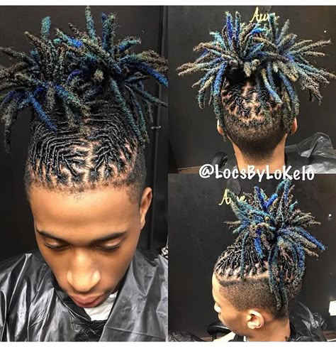 Braided/spiked high top locs Braid Locs Men, Loc Styles Ponytail, Boy Loc Styles, French Braid Locs, High Top Dreads, Braid Locs, Locs Men, Mens Dreadlock Styles, Styles Ponytail