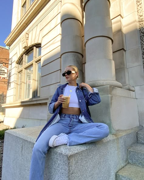 Denim on denim outfits, fall fashion 2021, street style outfits, Abercrombie denim, hailey bieber style inspo Denim On Denim Outfits, Street Fashion Photoshoot, Ny Outfits, Hailey Bieber Style, High Rise Straight Jeans, Shotting Photo, Photographie Portrait Inspiration, Denim Outfits, Denim On Denim