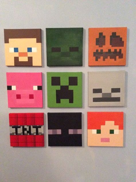 Minecraft Wall Art, Minecraft Canvas, Painting Minecraft, Minecraft Room Decor, Kids Sketch, Zombie Pumpkin, Diy With Kids, Minecraft Pig, Minecraft Wall