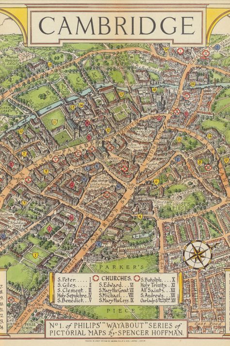 Enhance your space with our captivating Vintage Map of Cambridge, England, meticulously recreated from the 1921 original. This beautifully illustrated bird's-eye-view captures the essence of the university's rich history and the intricate streets of yesteryears. Immerse yourself in the past with this authentic antique print that adds a touch of elegance to any room. Cambridge Map, Urban Design Graphics, Road Maps, Cambridge England, Uni Room, College Campus, Antique Maps, Illustrated Map, Old Map