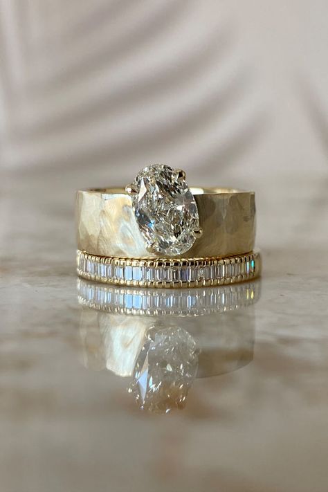 The ultimate engagement ring stack for the alternative bride looking for something romantic, yet modern. A funky, asymmetrical solitaire Diamond set upon a thick textured gold band paired with a classic baguette Diamond wedding band.   Jewelry Stack, Wedding Ring Stack, Funky Engagement Rings, Eclectic Jewelry, Luxe Jewelry, Non Traditional Wedding Rings, Chunky Gold Jewelry, Engagement Ring Stack, Wedding Rings Unique, Asymmetrical Engagement Ring, Baguette Diamond Ring, Solitaire Diamond Engagement Ring Stack, Jewelry Alternative, Cute Engagement Rings, Alternative Bride, Future Engagement Rings, Ring Stack, Dream Engagement, Dream Engagement Rings, Jewelry Lookbook