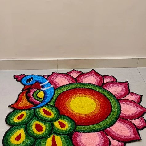 New mat rangoli designs Available For Order Plzz do message Many design are available to Rangoli Designs With Social Message, Rangoli Designs Pickock, Rangoli Pickock, Peacock Rangoli With Flowers, Big Peacock Rangoli Designs, Rangoli Designs, Design