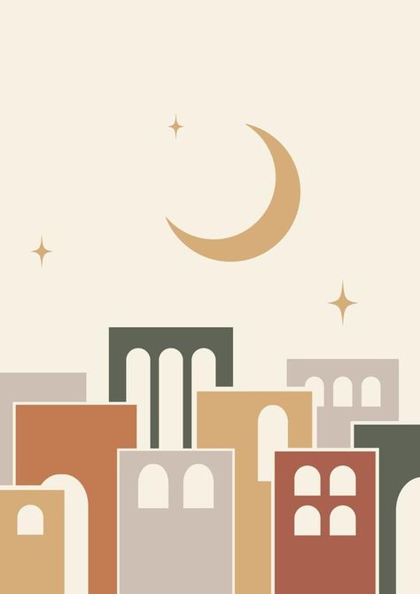 Architecture elements and moon poster illustration. Modern aesthetic illustrations. Boho style artistic design for wall decoration Ramadan Illustration Art, Eid Poster Design, Eid Illustration, Ramadan Card, Eid Poster, Aesthetic Illustrations, Eid Design, Architecture Elements, Design For Wall