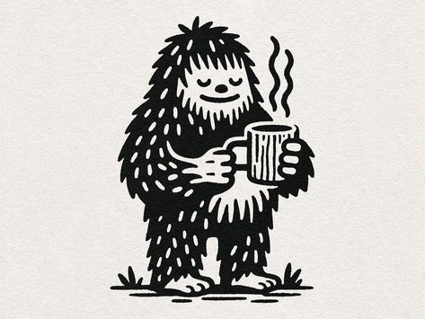 Vintage Coffee Illustration, Bigfoot Art Cute, Coffee Product Design, Frosty Illustration, Pnw Illustration, Big Foot Drawing, Yeti Silhouette, Big Foot Art, Yeti Illustration