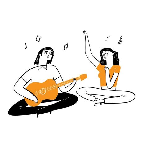 Sing Illustration, Playing Guitar Illustration, Singing Illustration, Guitar Doodle, Woman Playing Guitar, Guitar And Singing, Singing Drawing, Kiss Illustration, Couple Illustrations