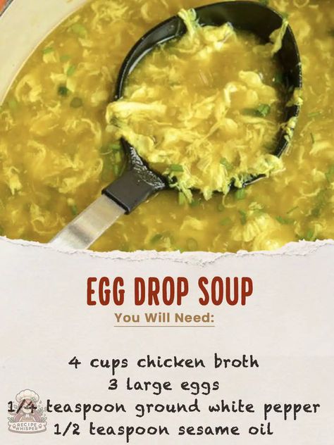 Recipe Whisper, Homemade Egg Drop Soup, Egg Drop Soup Recipe, Egg Drop Soup, Chinese Cooking Recipes, Egg Drop, Easy Chinese Recipes, Asian Soup, Chinese Dishes