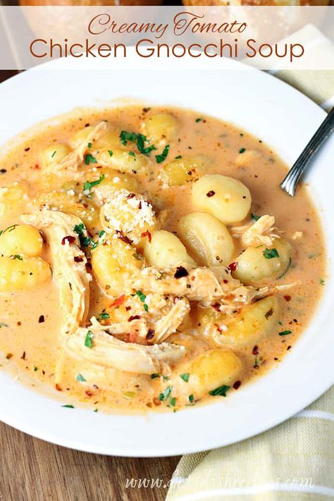 Soup Gnocchi, Creamy Tomato Gnocchi, Tomato Gnocchi Soup, Creamy Tomato Chicken, Ravioli Soup, Chicken Gnocchi Soup Recipe, Gnocchi Recipes Soup, Gnocchi Dishes, Gnocchi Pasta