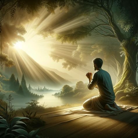 A tranquil scene depicting a person in deep prayer, surrounded by a serene landscape. The individual is kneeling, eyes closed, and hands clasped in prayer, symbolizing a deep connection with the divine. In the background, soft rays of sunlight filter through a canopy of lush trees, casting a gentle glow on the scene. This image represents the concept of turning daily moments into conversations... Connection With God, Prayer Background Images, Person Praying, Best Jesus Quotes, Blessed Wallpaper, Kneeling In Prayer, Man Praying, Prayer Pictures, Praying For Someone