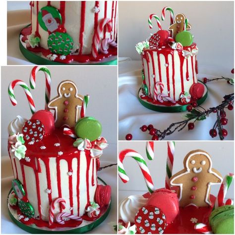 Festive Christmas drip cake. Handmade gingerbread men, mini meranges & macaroons. Festive cheer. Christmas cake Christmas Drip Cake, Jul Kaka, Super Torte, Cake Christmas, Christmas Cake Designs, Christmas Cake Decorations, Xmas Cake, Christmas Cakes, Drip Cake