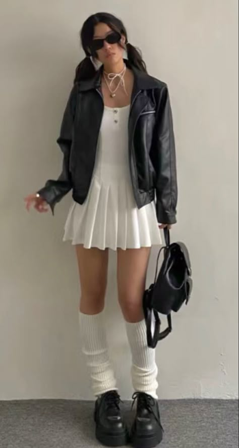 Short White Dress With Leather Jacket, Pleated Skirt Dress Outfit, White Dress Leather Jacket Aesthetic, White Pleats Skirt Outfit, White Tennis Skirt Aesthetic, White Dress Outfit With Jacket, Leg Warmer Loafers, White Dress Aesthetic Outfit, Mini Backpack Outfit Street Style