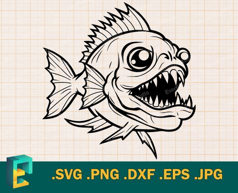 Piranha Drawing, Piranha Fish Art, Piranha Tattoo, Piranha Fish, Fish Cut, Fish Svg, Fish Drawing, Fishing Svg, Fish Drawings