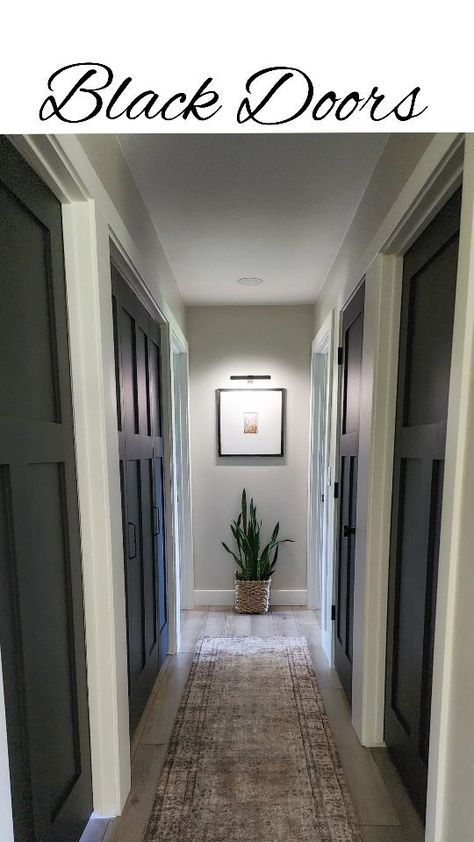 Rachel | DIY & Design on Instagram: “✨️NEW Doors and Paint are done ✔️ The hallway in our home has taken on a whole new vibe since upgrading and painting the doors, and I…” Windfresh White, Painted Hallway, Satin Finish Paint, Hallway Door, Dark Hallway, Iron Ore, Simply White, Black Doors, Door Color