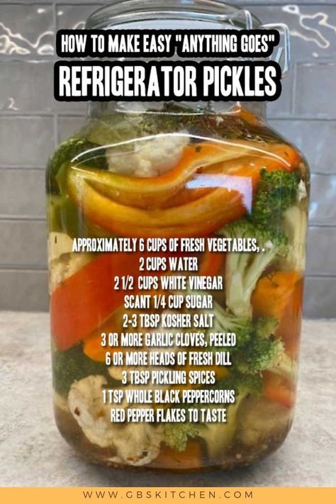 Refrigerator pickles are so easy you can make a batch while you prepare dinner or cleaning up. Any vegetable can be quick-pickled! Onions, carrots, peppers, broccoli, cauliflower, celery, garlic, asparagus. #refrigeratorpickles #pickledveggies #GBsKitchenRecipes #GBsKitchenSpot Cottage Cheese Salad, Pickled Cauliflower, Pickled Carrots, Refrigerator Pickles, Pickling Spice, Pickled Veggies, Pickled Vegetables, Cheese Salad, Fresh Corn