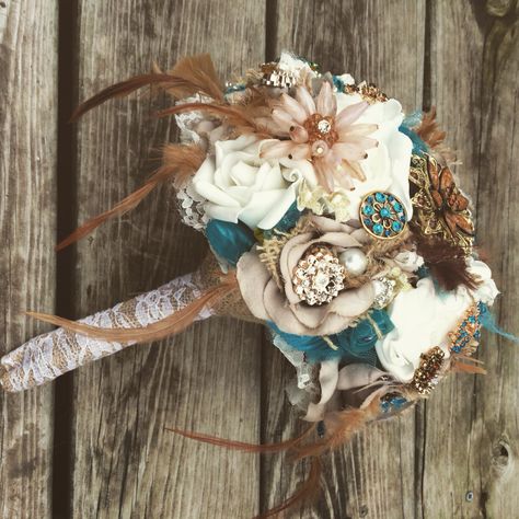 Turquoise, brown bouquet Tan And Turquoise Wedding, Turquoise Bridal Bouquet, Western Wedding Bouquets Turquoise, Turquoise Wedding Bouquets, Bowling Wedding, Brown Bouquet, Turquoise Wedding Theme, Country Wedding Bouquets, Brown Wedding Themes