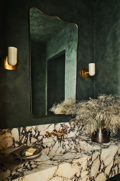 Green Vintage Bathroom Ideas, Bathroom With Marble Sink, Small Bathroom Ideas Moody, Dark Powder Room Ideas Luxe, Unique Powder Bathroom, 1920s Powder Room, Lime Wash Walls Bathroom, Moody Tile Bathroom, Parisian Bathroom Aesthetic