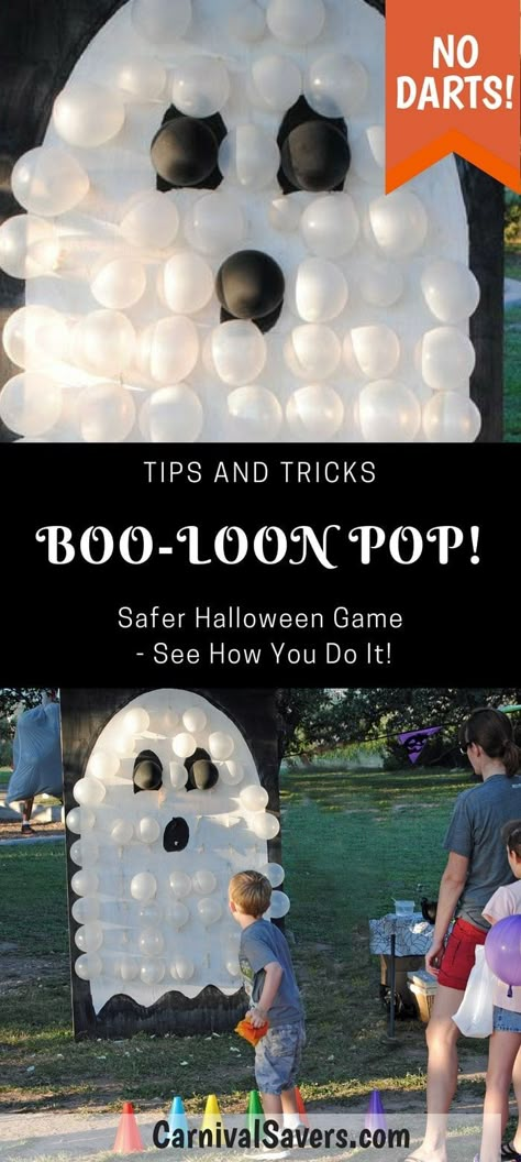 DIY Halloween Game - No DARTS Needed - BOO-Loon Pop! Check out the Video too! See how to make this safer balloon pop Halloween game! Great for kids and family Halloween parties! Halloween Carnival Games, Family Halloween Party, Fun Halloween Party Games, Fall Carnival, Fun Halloween Games, Diy Halloween Games, Halloween Games For Kids, Balloon Pop, Halloween Bash