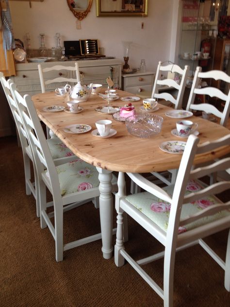 Up cycled solid pine extending table and six upholstered chairs at Rosie Loves Vintage. Pine Table And Chairs, Shabby Chic Dining Room, Shabby Chic Chairs, Chic Dining Room, Shabby Chic Dining, Shabby Chic Table, Shabby Chic Living, Shabby Chic Room, Shabby Chic Living Room