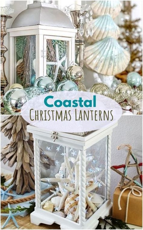 Beach Theme Christmas, Beachy Christmas Decor, Christmas Lantern Ideas, Beach Christmas Decorations, Beach Christmas Ornaments, Beach Themed Crafts, Holiday Lanterns, Florida Christmas, Coastal Christmas Decor