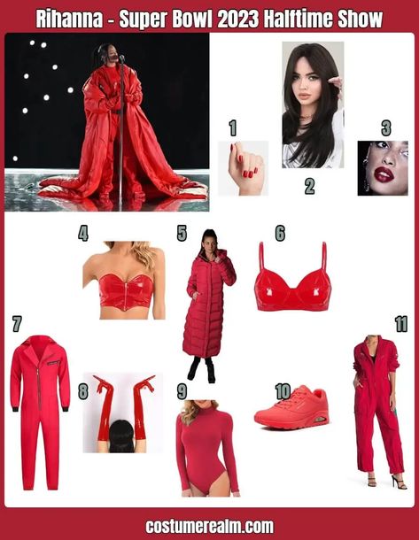 How To Dress Like Dress Like Rihanna Guide For Cosplay & Halloween Rihanna Super Bowl Outfit, Rihanna Superbowl Costume, Rihanna Costumes, Rihanna Iconic Outfits, Rihanna Inspired Outfits, Rihanna Halloween Costume, Rihanna Costume Halloween, Rihanna Superbowl 2023, Rihanna Halloween