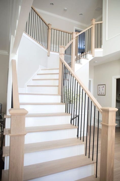 #renovation #crafts #stairsmakeover Farmhouse Stairs, Stair Renovation, Raised Ranch, Stairs Renovation, Modern Stair Railing, Hardwood Stairs, Stairs Makeover, House Staircase, Oak Stairs