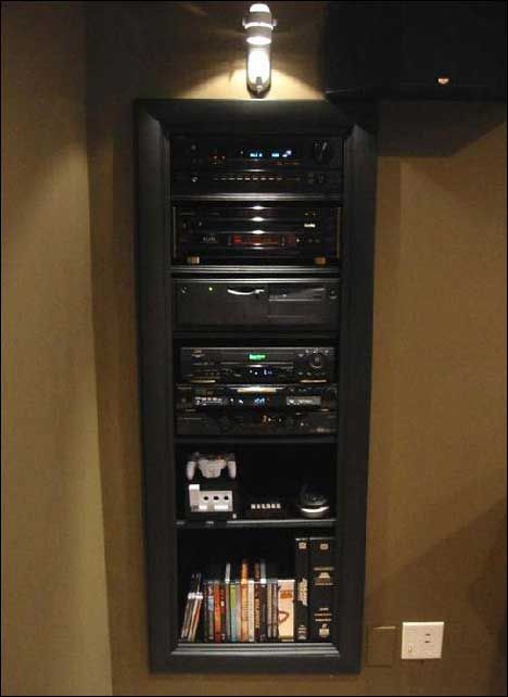 Wall built stereo cabinet Audio Cabinet Ideas, Media Closet, Recessed Shelves, Basement Home Theater, Multi Room Audio, Stereo Cabinet, Home Theater Setup, Dvd Storage, Storage Closet