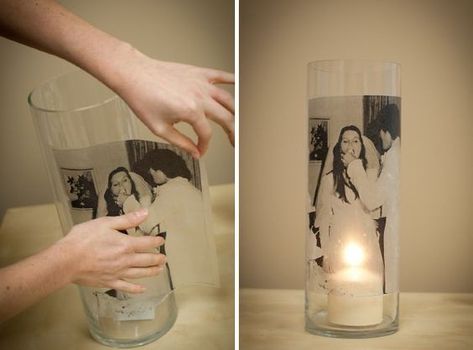 How to Creatively Reuse Old Family Photos | by Drawberry Art | Medium Glass Cylinder Centerpieces, Candles Ideas, Photo Gifts Diy, Photo Diy, Photo Simple, 50th Anniversary Party, Old Family Photos, Photo Transfer, Glass Cylinder