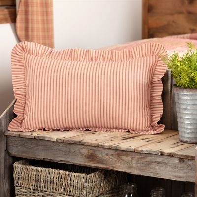 POPPY AND TWINE |  Shop Sales Events Antique Farmhouse Ticking Stripe Bedding, Ticking Stripe Fabric, Stripe Bedding, Red Farmhouse, Farmhouse Style Bedrooms, Country Farmhouse Style, Vhc Brands, Red Color Schemes, Cottage Style Decor