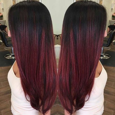 Hair Color Ideas For Brunettes Red Ombre, Dark Cherry Ombre Hair, Ombre Dark Red Hair, Black To Dark Red Ombre Hair, Cherry Red Balayage Hair Brunettes, Black Cherry Ombre Hair, Cherry Red Ombre Hair, Brown To Burgundy Hair Ombre, Black To Red Balayage