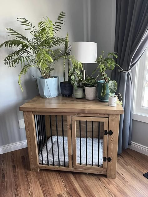 Dog Crate Furniture Ideas, Cute Dog Crate Ideas, Dog Station Ideas, Table Kennel, Diy Dog Cage Tv Stand, Dog Kennel Inside, Daisy Care, Dog Crate Ideas, Dog Kennel Wood Table Top