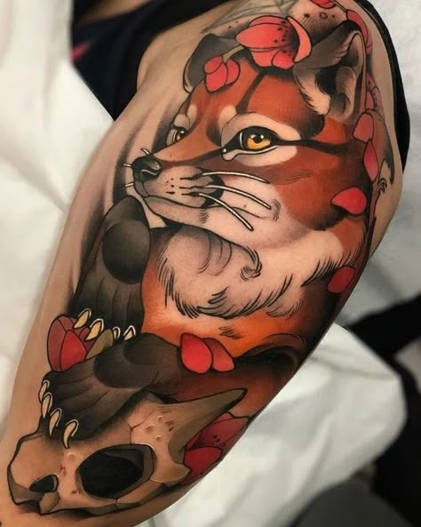 Neo Trad Animal Tattoo, Racoon Tattoo, Red Fox Tattoos, Fox Tattoos, Fox Tattoo Design, Neo Tattoo, Neotraditional Tattoo, Geniale Tattoos, Inspiration Tattoos