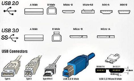 Different USB Versions and USB Connectors Lightning Logo, Usb Adapters, English Name, Small B, Usb Type A, Optical Drives, Data Transmission, Phone Charging, Mini Me