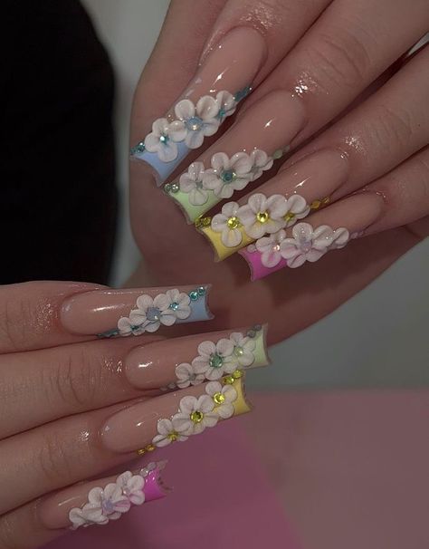 777 3d Acrylic Nail Art Flowers, Girly Nails, Quinceanera Nails, Spring Acrylic Nails, Colored Acrylic Nails, Her Nails, Long Acrylic Nails Coffin, Acrylic Nails Coffin Pink, Unique Acrylic Nails