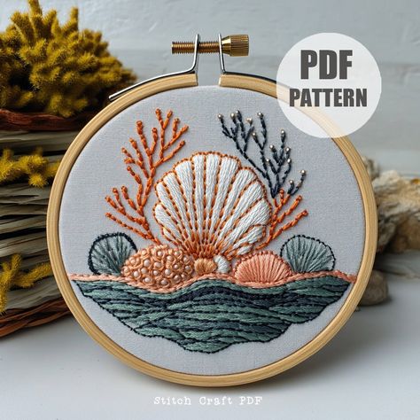 Seashell Embroidery Pattern, Summer Series, Hand Embroidery Pattern, Beach decor,  Instant Download, Beginners Craft, Ocean life Embroidery by StitchCraftPDF on Etsy Sea Shell Embroidery Design, Seashells Embroidery Designs, Seashell Embroidery, Shell Embroidery, Beach Embroidery, Beginner Crafts, Summer Series, Coral Pattern, Seashell Art