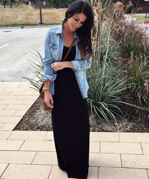 Maxi Dress With Denim Shirt, Black Maxi Fall Outfit, Long Maxi Dress With Jacket, Black Maxi Dress With Jean Jacket, Denim Jacket Black Dress Outfit, Maxi Dress And Denim Jacket, Denim Shirt Over Black Dress, Maxi Dress Jean Jacket Outfit, Jean Jacket With Maxi Dress