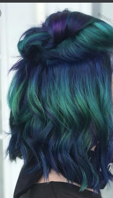 Dark Pine Green Hair, Dark Purple And Teal Hair, Dark To Light Green Hair, Black Green And Blue Hair, Teal Hair Dark Roots, Green And Purple Ombre Hair, Dark Teal Money Piece Hair, Peacock Blue Hair Color, Green Blue Ombre Hair