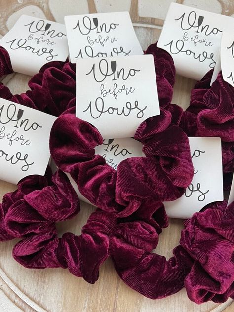 Vino Before Vows Bachelorette Favors, Wine Bachelorette Gift, Napa Bachelorette Party, Winery Bachelorette Put your hair up and have some fun! Our velvet scrunchie favors are a unique way to say thank you to your gals! They will love a take home gift that is both useful and trendy. Every time they throw their hair up, they will remember the awesome time they had celebrating the bride-to-be!  Each favor includes the following: - (1) Custom Tag with personalized details - (1) Hair Scrunchie (silky Bachelorette Party Wine Tasting, Wine Themed Bachelorette Party Shirts, Wine Tasting Bachelorette Party Favors, Wine Bachelorette Party Favors, Bachelorette Party Favors Wine Theme, Winery Bachelorette Party Favors, Vino And Veils Bachelorette, Burgundy Bachelorette Party, Bachelorette Wine Tasting