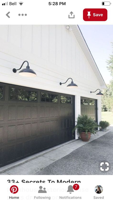 Black Garage Doors, Black Garage, Lighting Farmhouse, White Exterior Houses, Garage Door Types, Garage Door Styles, Garage Exterior, Garage Door Design, Exterior Makeover