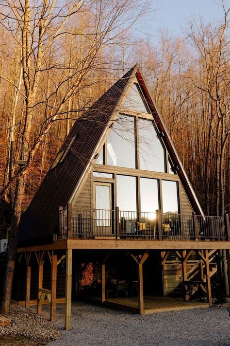 A Frame With Extension, Wooded Cabin, Cabin With Loft, A-frame Interior, Modern A Frame Cabin, Hocking Hills Cabins, Logan Ohio, Modern A Frame, A Frame Cabin Plans