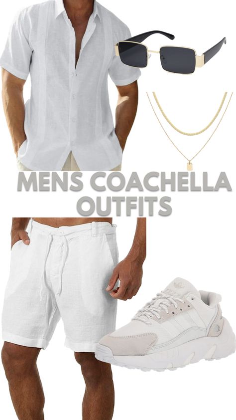 Coachella Outfit White, Coachella Outfit Ideas Men, Coachella Men Outfit, Coachella Outfit Men, Coachella Outfits, Festival Outfits Men, Festival Attire, Coachella Outfit, Button Down Short Sleeve