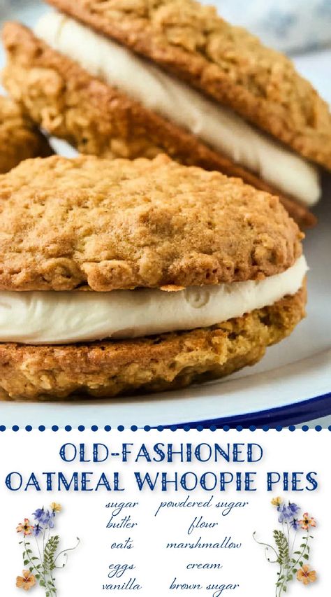 If you like oatmeal cookies, you’ll love these whoopie pies. Enormous, soft cake-like cookies filled with the most amazing marshmallow filling. Oatmeal Sandwich Cookies, Soft Chewy Oatmeal Cookies, Chewy Oatmeal Cookies, Oatmeal Creme Pie, Cookie Sandwich Recipes, Whoopie Pie Recipe, Fall Fun Food, Cookie Sandwich, Bake Sale Recipes