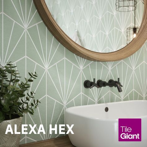 The striking geometric hexagons of Alexa Hex™ will add a contemporary aesthetic to any room. The angular shape can be arranged in numerous ways to create different patterns in your dream space. With a modern matt finish, this glazed porcelain is suitable for both walls and floors. Available in 4 soft muted colours. Ensuite Bathroom Layout, Matt Tiles, Mint Bathroom, Ensuite Bathroom Designs, Small Ensuite, Small Downstairs Toilet, Bathroom Colour, Downstairs Wc, Designer Tiles