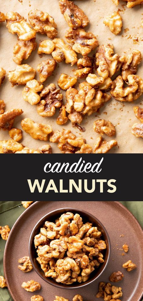 Crispy, crunchy, lightly caramelized shell make for the BEST Candied Walnuts with a hint of vanilla and cinnamon—the perfect cozy snack and gift! | Recipe at BeamingBaker.com Candied Walnut Recipe, Cinnamon Streusel Muffins, Pumpkin Granola, Vegan Gluten Free Desserts, Keto Candy, Healthy Bars, Walnut Recipes, Coconut Desserts, Impressive Recipes