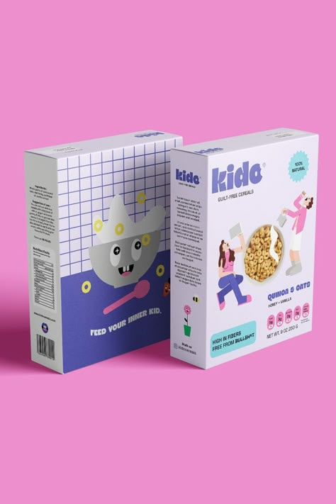 funky cereal box Cool Cereal Box Design, Cereal Branding, Cereal Packaging Design, Cereal Logo, Cereal Logos, Cereal Design, Gen Z Design, Cereals Packaging Design, Protein Packaging