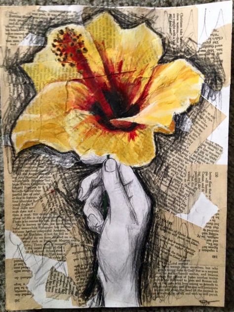 Multimedia Hawaiian flower, hand drawing pencil, acrylic paint, charcoal, old book pages, pretty painting, Mixed Media Natural Forms, Flower Final Piece Art, Flowers Gcse Art, Natural Forms Gcse Final Piece, Nature Artists Gcse, Natural Forms Mood Board, Natural World Art Gcse, Natural Forms Final Piece, Gcse Natural Forms