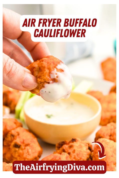 **Air Fryer Buffalo Cauliflower, a simple and delicious spicy and crispy appetizer recipe made with just five ingredients. #airfry #airfryrecipes #buffalo #cauliflower #easyappetizer #airfriedcauliflower Read more at: https://theairfryingdiva.com/air-fryer-buffalo-cauliflower/ Buffalo Cauliflower Air Fryer, Cauliflower Air Fryer, Air Fryer Buffalo Cauliflower, Buffalo Cauliflower Recipes, Fried Pasta, Most Pinned Recipes, Pasta Chips, Veggie Fries, Air Fry Recipes